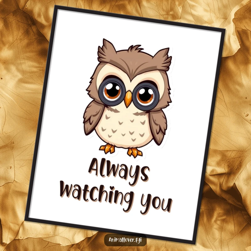 Funny Curious Owl Poster showcasing an owl with large eyes peering through binoculars, bringing intellectual curiosity and humor to wall decor.