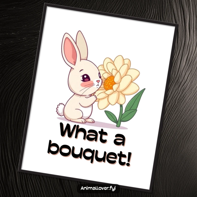 Funny poster art of a curious rabbit sniffing a giant flower, capturing a moment of gentle exploration.