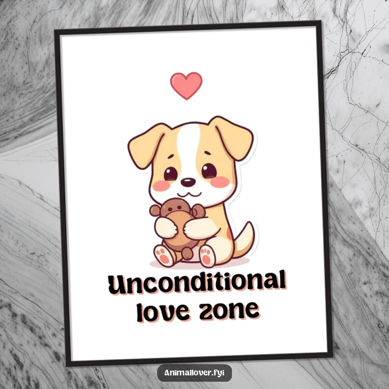 Funny dog poster art of a dog embracing its toy, heart emblem above, capturing a moment of pure affection and humor.