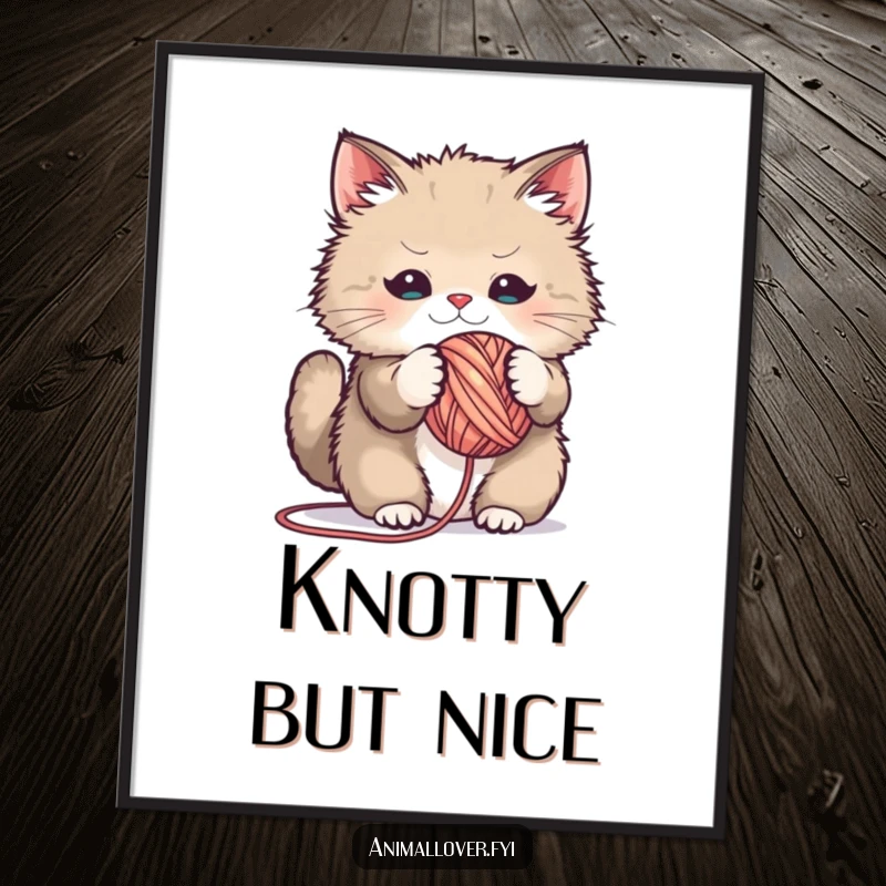 Funny poster print of a fluffy cat batting playfully at a large ball of yarn, a humorous piece of wall art.