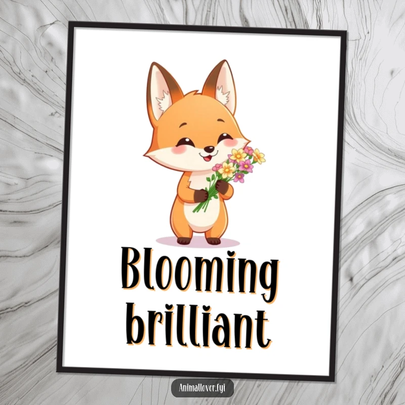 Funny poster showing a cheerful fox holding a bouquet of tiny flowers, creating a heartwarming art piece. Great gift.