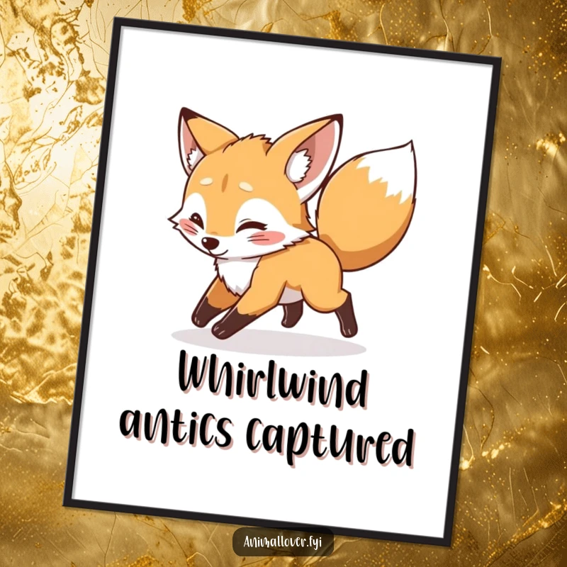Funny mischievous fox cub chasing its tail on a poster, creating a dynamic and humorous piece of wall art.