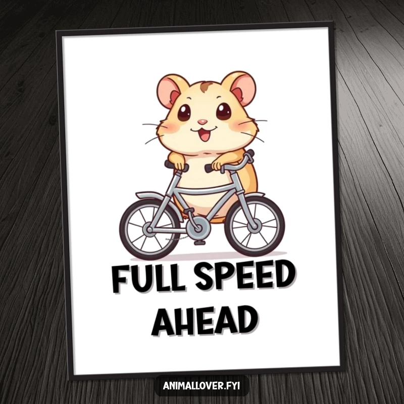 Funny Poster of a hamster with wide eyes, joyfully cycling a small bike, capturing a moment of pure exhilaration.