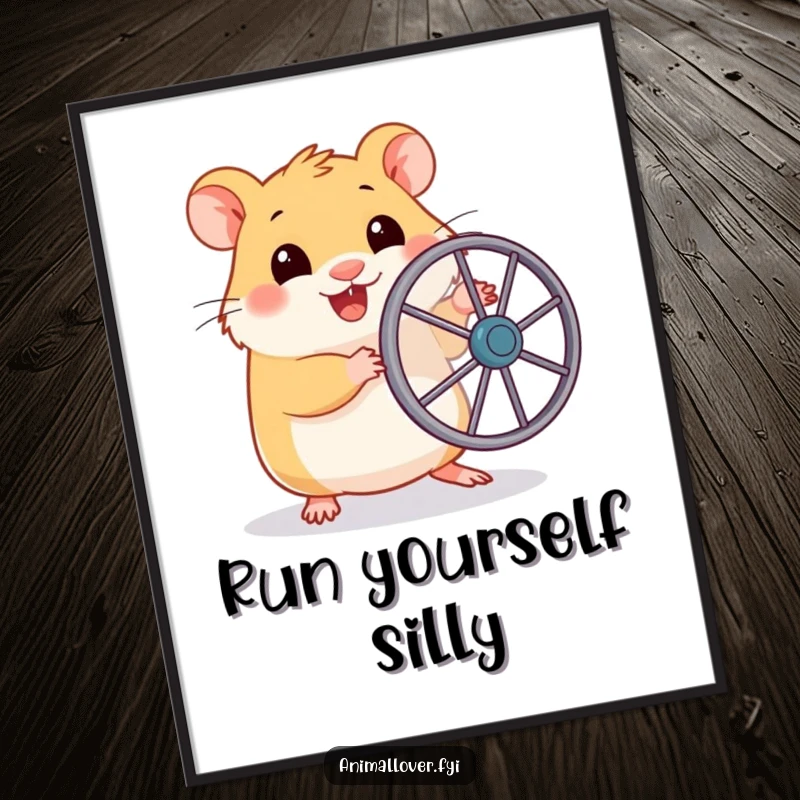 Funny poster of a smiling hamster enthusiastically holding a miniature toy wheel, symbolizing readiness for a humorous, tiny running adventure.