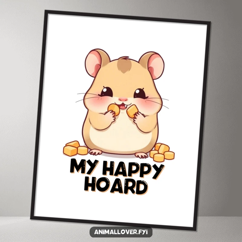 Funny hamster poster art of a content hamster with comically packed cheeks, expressing pure satisfaction from tiny snacks.