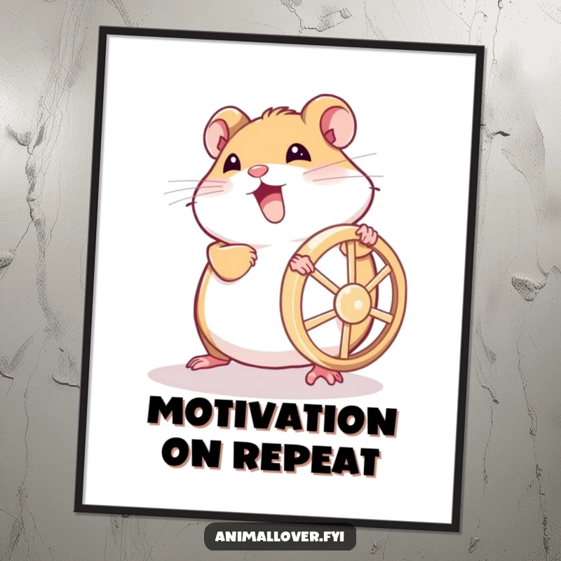 Funny hamster poster capturing a joyful creature's relentless effort in pushing its tiny wheel, symbolizing fitness and humor.