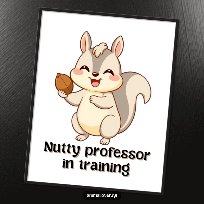 Funny poster art of a happy squirrel offering a nut with a cheerful smile, bringing woodland humor indoors.