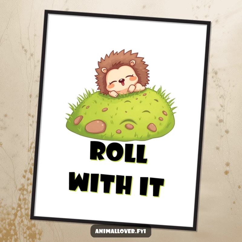 Funny poster showcasing a happy hedgehog rolling down a grassy hill with eyes closed, radiating pure bliss and joy.