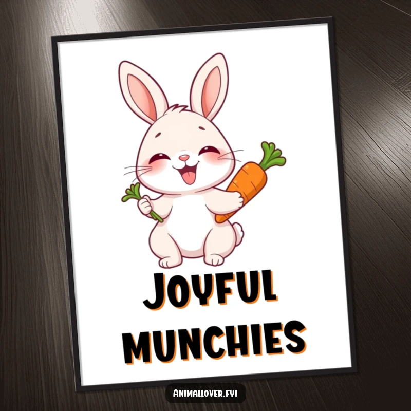 Funny poster art of a joyful rabbit giggling with a carrot, radiating pure happiness and charm.