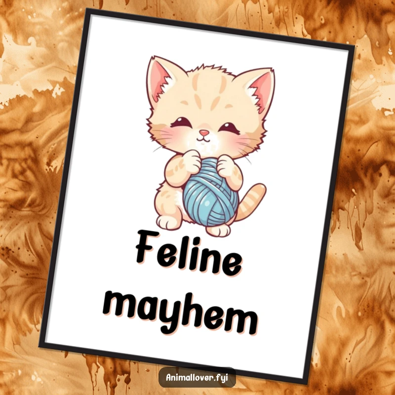 Funny poster art of a cute kitten energetically batting at a dangling ball of yarn. Captures pure feline amusement.