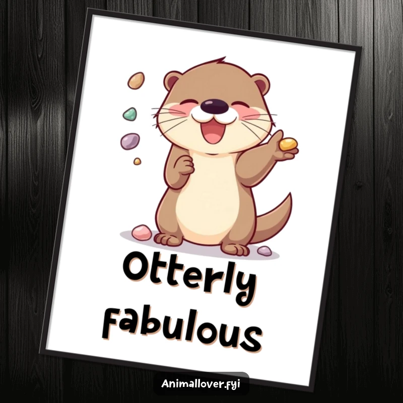 Funny Poster: A delighted otter skillfully juggling shiny pebbles, radiating pure joy and playfulness.