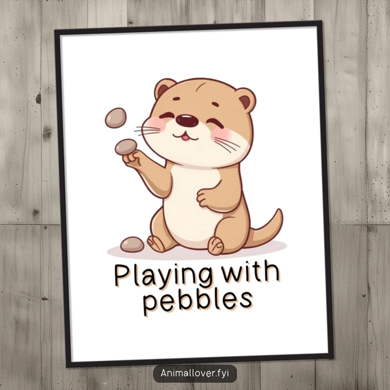 Funny otter poster print of a curious otter skillfully juggling small, smooth stones, adding playful art to decor.