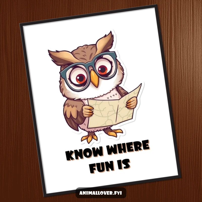 Funny poster art of a curious owl wearing spectacles, intently studying a map, symbolizing exploration.