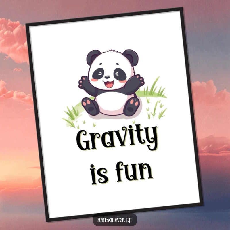Funny Panda Cub Rolling Poster depicting a delighted panda cub joyfully tumbling down a green hill, adding cheerful energy to walls.