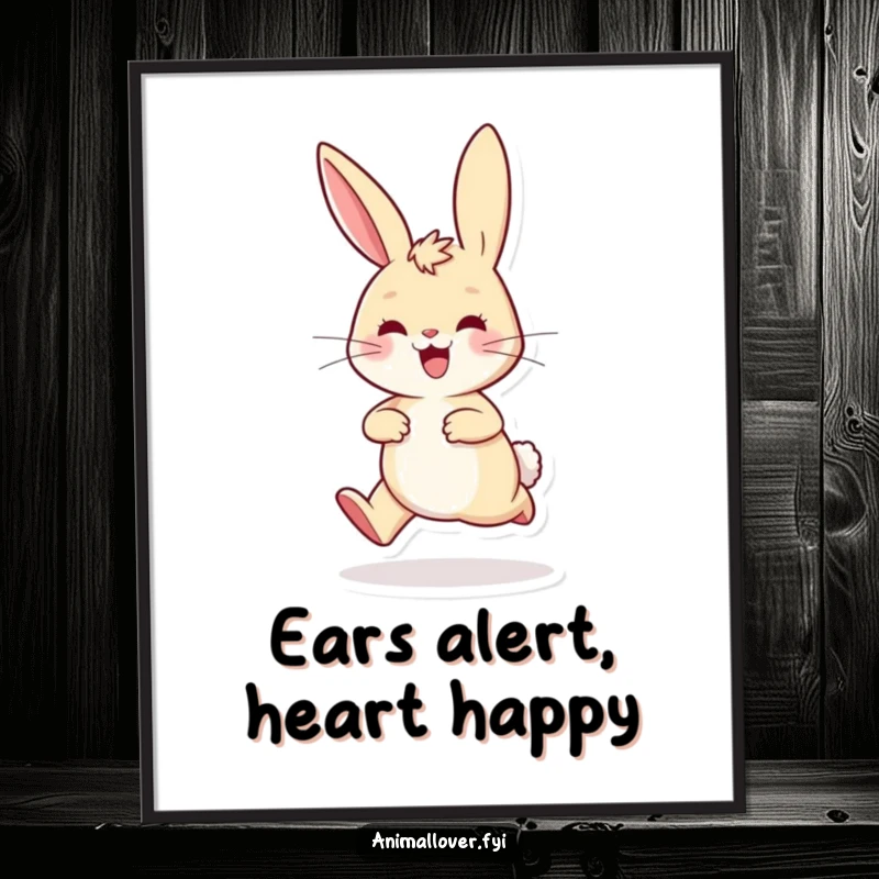 Funny playful rabbit poster hopping excitedly with ears perked high, a vibrant and cheerful piece of wall art.