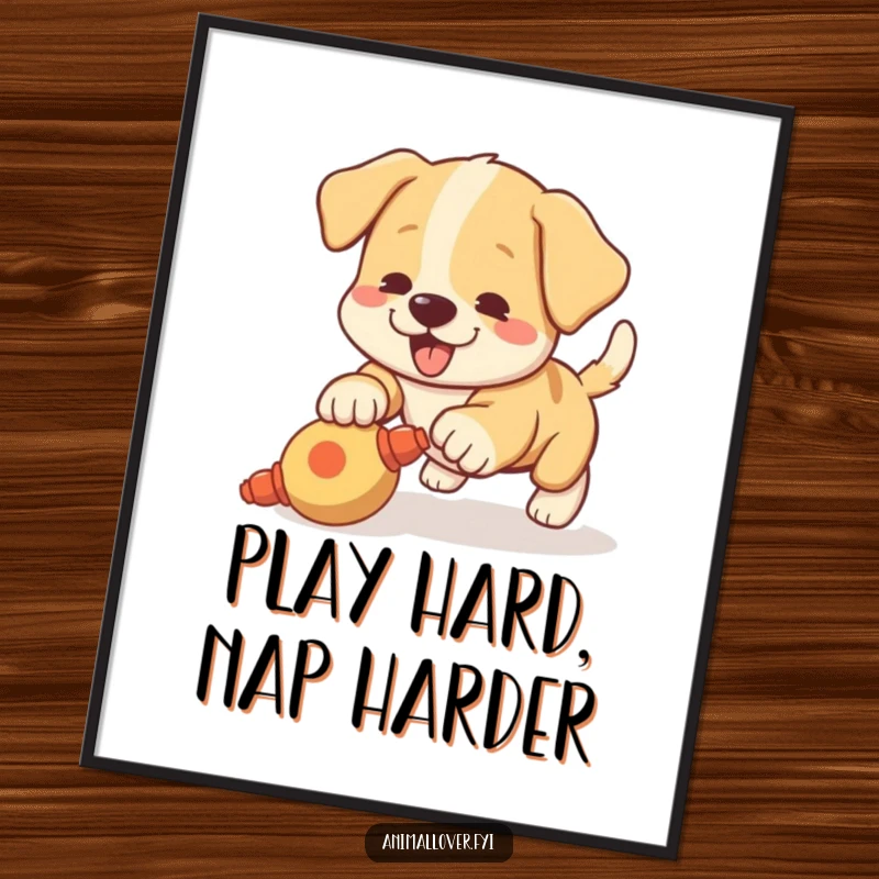 Funny poster art of a playful puppy with a wagging tail excitedly pouncing on a squeaky toy, full of energy.