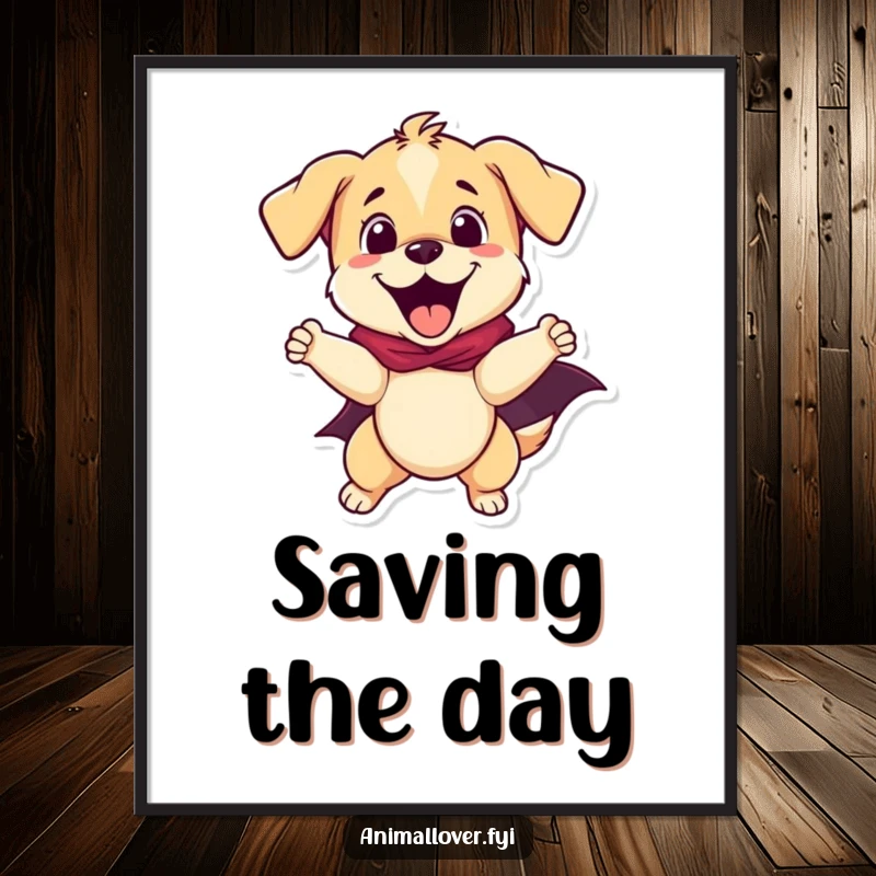 Funny puppy in a superhero cape soaring through the sky on a poster, conveying bravery and humor.