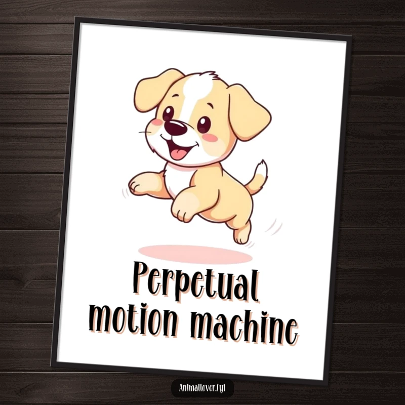 Funny puppy poster capturing a dog's delightful and comical obsession with chasing its own spinning tail, full of energy.