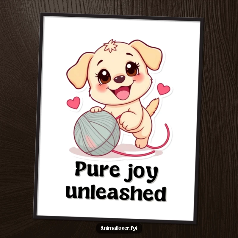 Funny Puppy Poster: A vibrant print of a playful puppy with wide eyes chasing a bouncy yarn ball adorned with a heart.