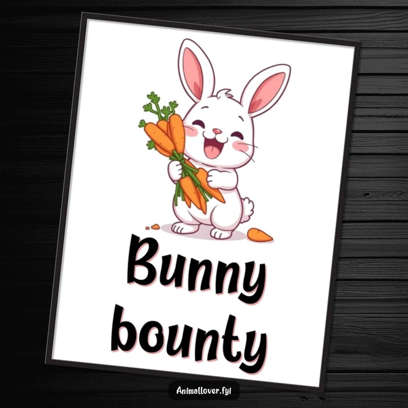 Funny poster artwork depicting a joyful rabbit character holding a huge bouquet of carrots like priceless treasure, radiating happiness and humor.