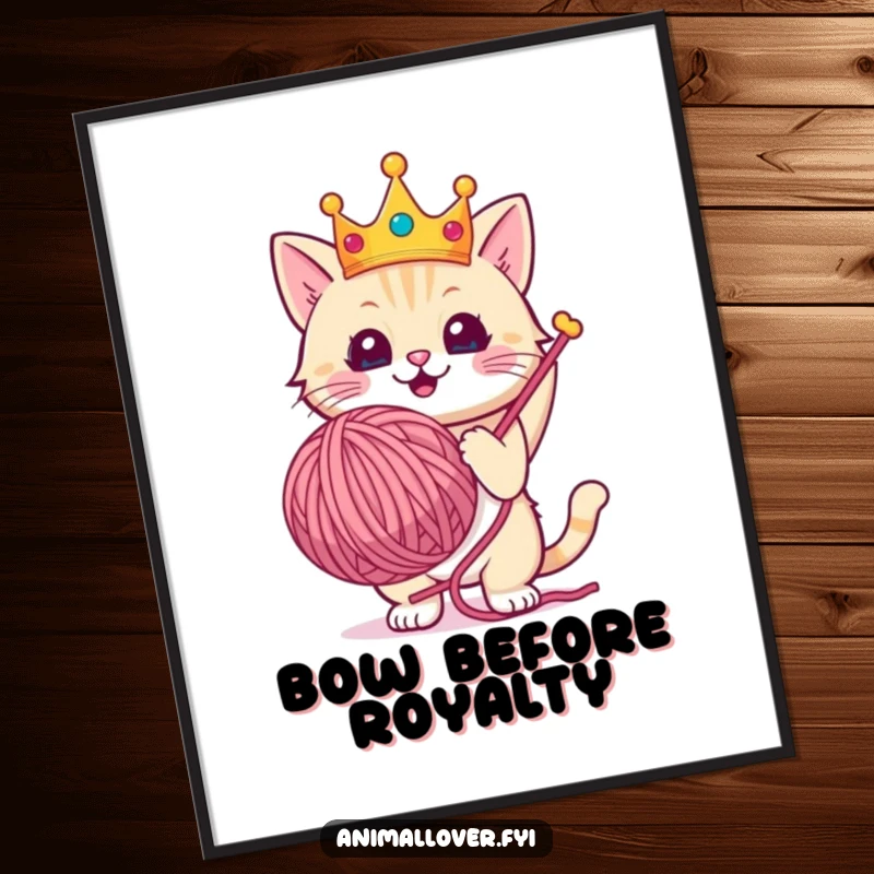 Funny poster art of a cute cat wearing a crown, triumphantly holding a giant ball of yarn.