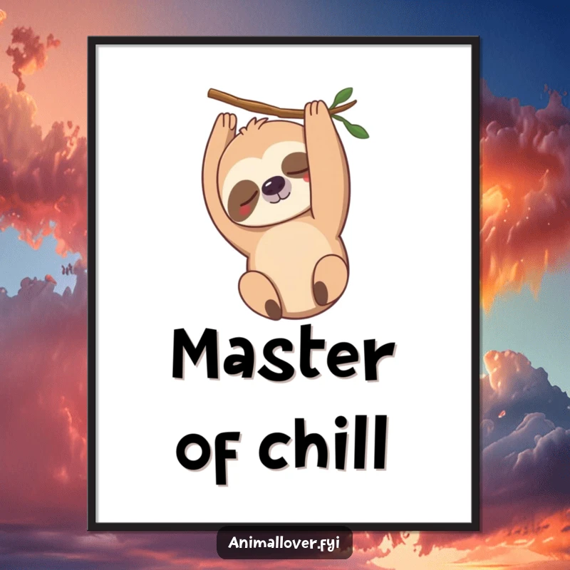 Funny sloth poster print showcasing a gently smiling sloth hanging upside down, adding artistic calm and humor to any wall.