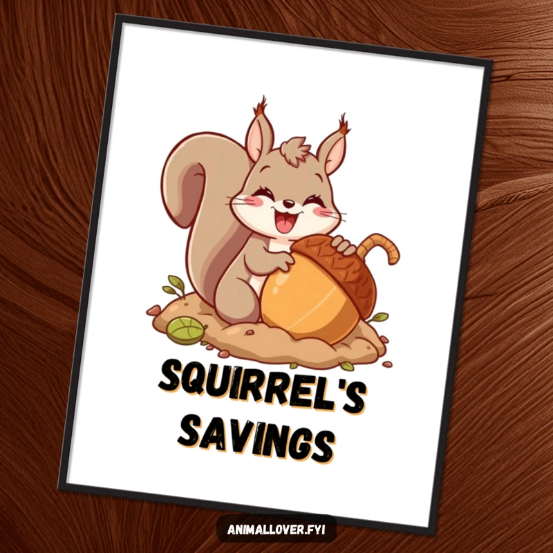 Funny poster artwork depicting a gleeful squirrel character burying a comically large acorn, radiating happiness and the spirit of preparation.