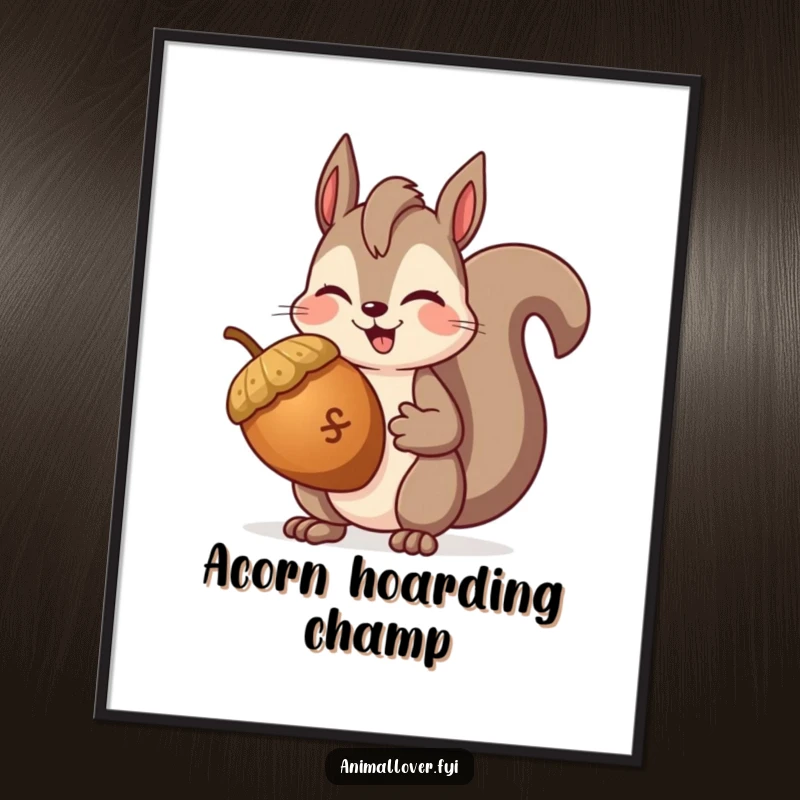 Funny Squirrel Winking Poster showcasing a smiling squirrel with a giant acorn and a playful wink, adding woodland charm to walls.