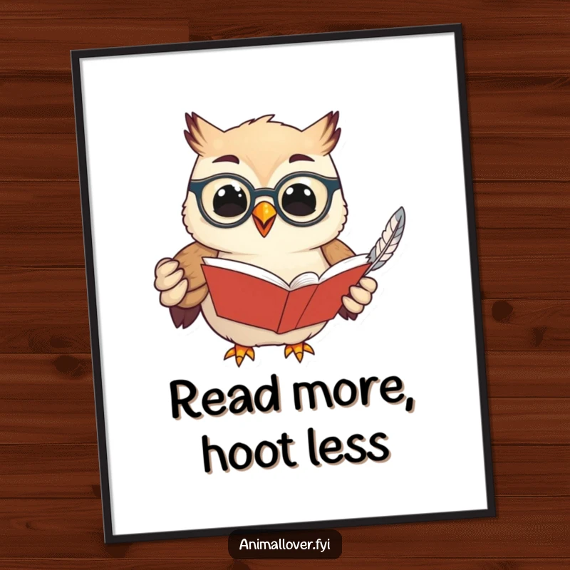 Funny poster of a scholarly owl wearing spectacles, holding an open book and feather, symbolizing knowledge and witty charm for wall decor.