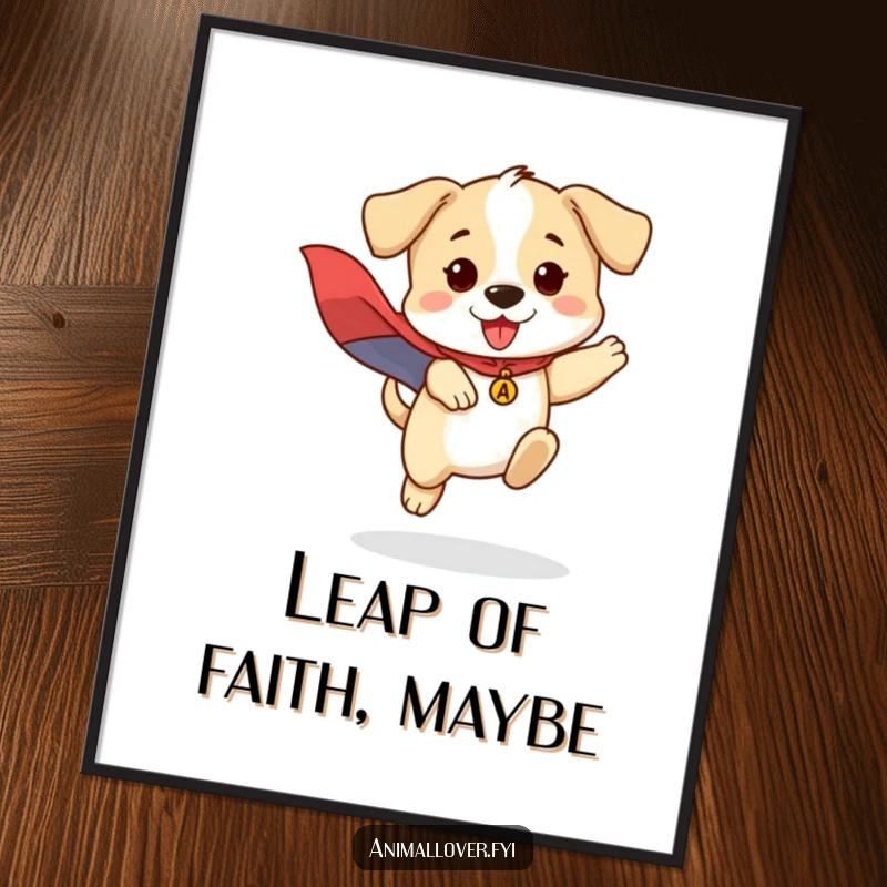 Funny poster art of a courageous puppy wearing a superhero cape, captured mid-leap, exuding bravery and charm.