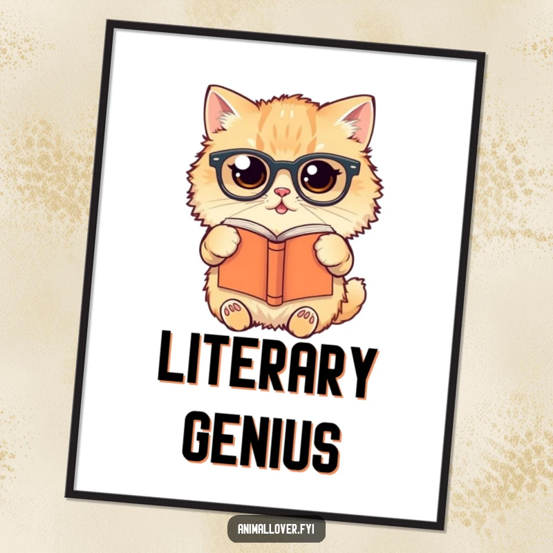 Funny Poster art of a fluffy cat wearing glasses, holding a book upside down with a slightly bewildered expression.