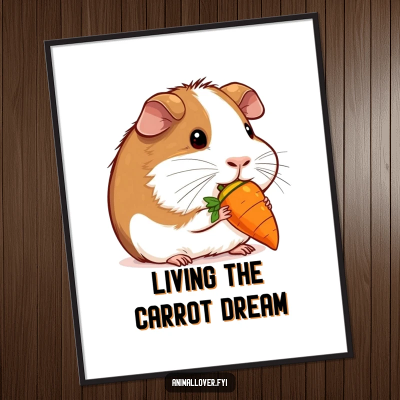 Funny contented guinea pig nibbling a miniature carrot on a poster, creating a heartwarming and humorous piece of decor.