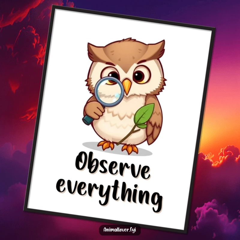 Funny owl poster art of an owl using a magnifying glass to closely study a leaf, conveying deep thought and fascination with nature.