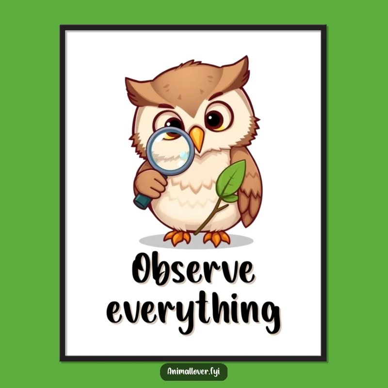 Funny Owl Magnifying Glass Poster - Curious Nature Wall Art, Unique Funny Gift