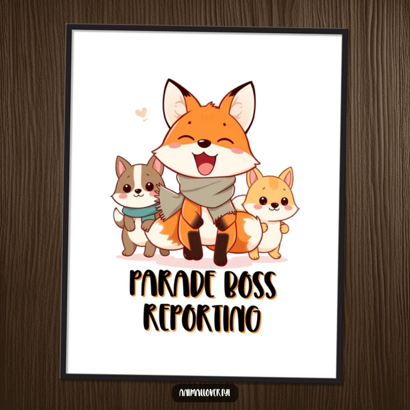 Funny Poster: An enthusiastic fox in a scarf leads a colorful parade of happy animals, creating a scene of pure delight.