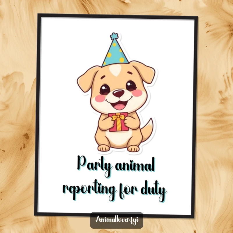 Funny dog poster print of a happy dog in a party hat holding a gift, perfect for a cheerful and humorous room.
