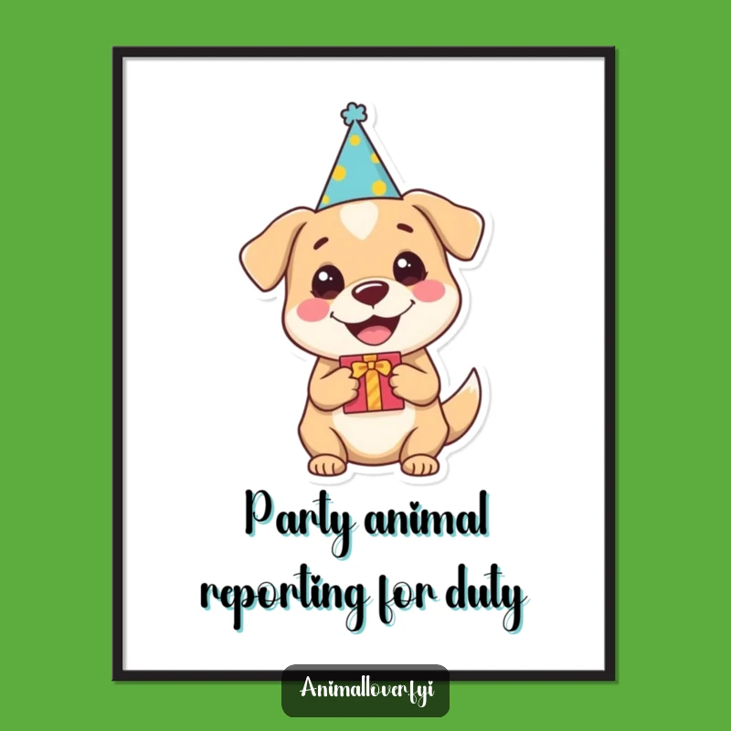 Funny Dog Party Poster: Joyful Pup with Hat & Gift, Whimsical Wall Art