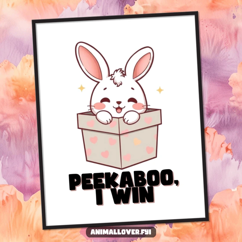 Funny rabbit joyfully peeking from a gift box, featured on a vibrant poster, a delightful and funny art piece.