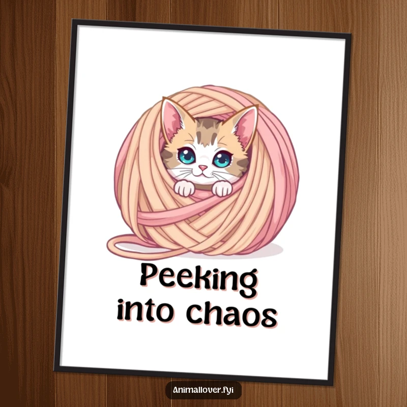 Funny curious cat poster peeking from behind an oversized ball of yarn, a whimsical and humorous piece of art.