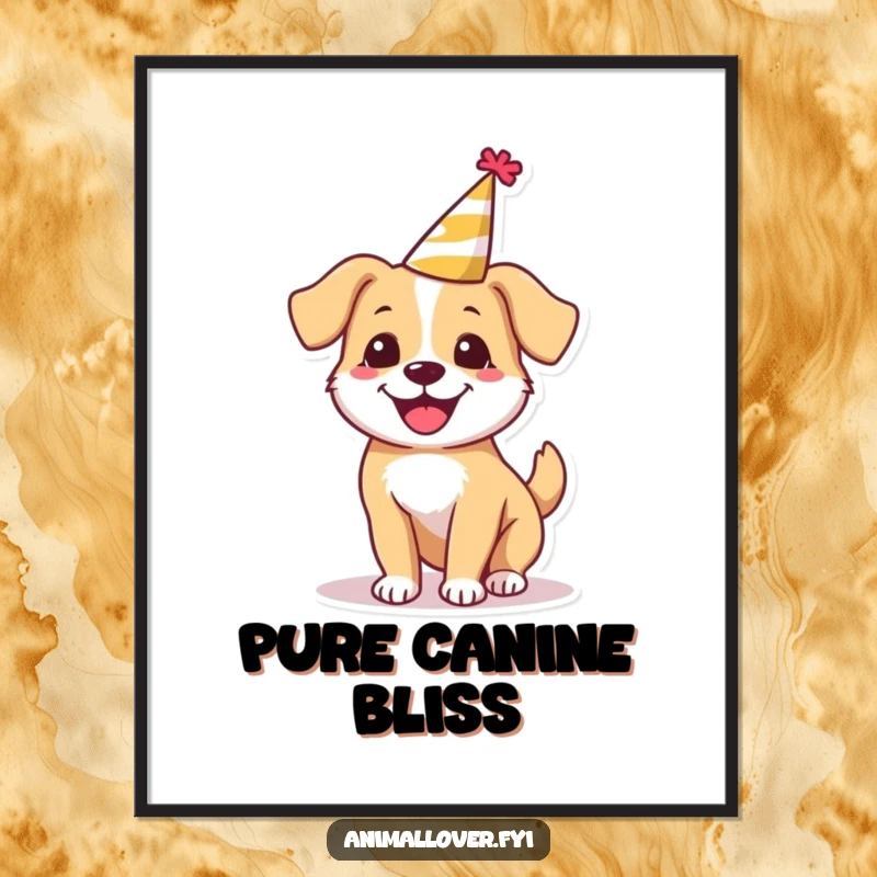 Funny happy dog poster wearing a tiny party hat, spinning around with infectious energy, bringing party vibes indoors.