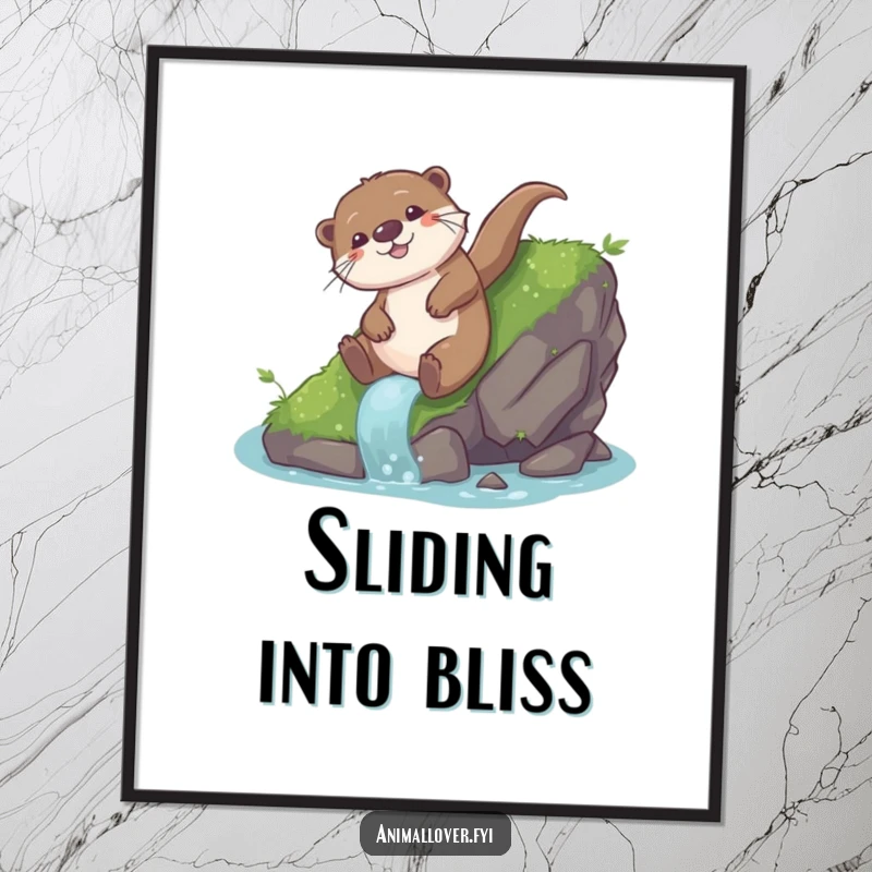 Funny otter poster of a gleeful otter sliding down a mossy rock, capturing a moment of pure, unadulterated fun.