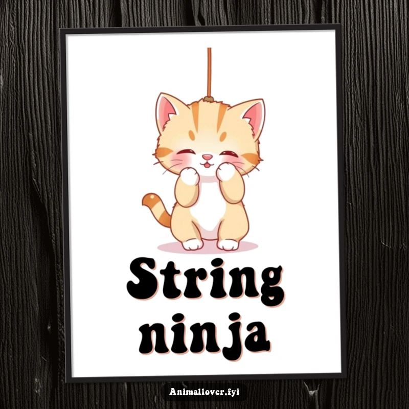 Funny Poster: A sweet kitten intently bats at a dangling string, capturing a moment of pure, unadulterated feline playfulness.