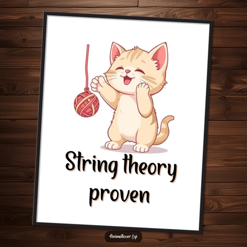 Funny poster capturing a kitten's joyful battle with a ball of yarn, perfect for adding whimsy. A charming art piece.