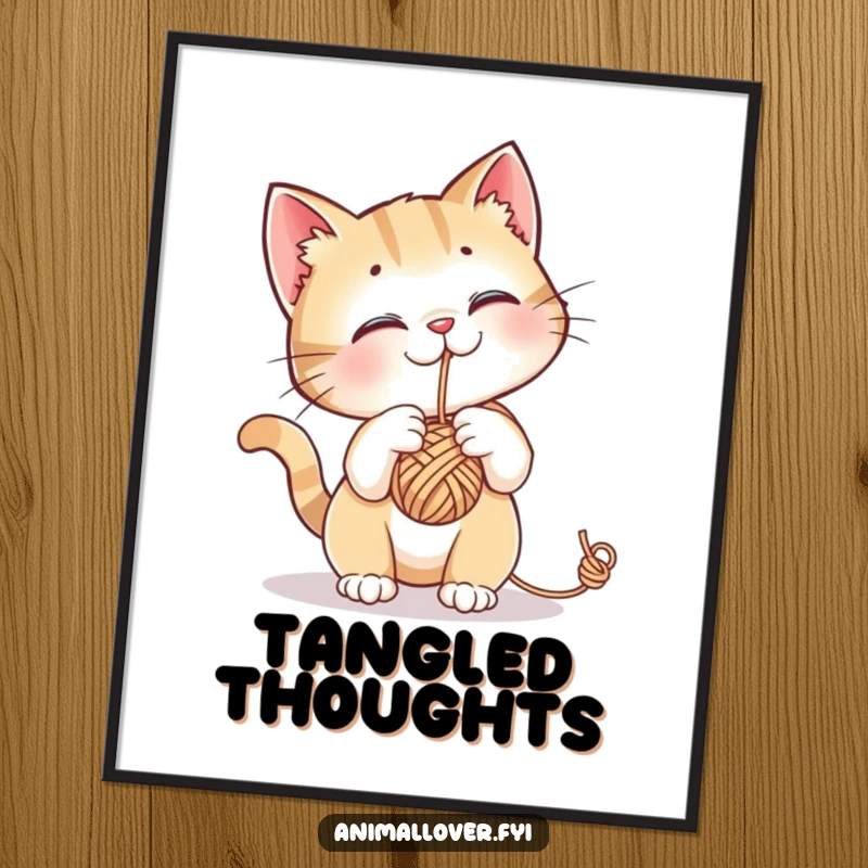 Funny poster art of a curious cat captivated by a dangling ball of yarn, embodying playful feline energy.