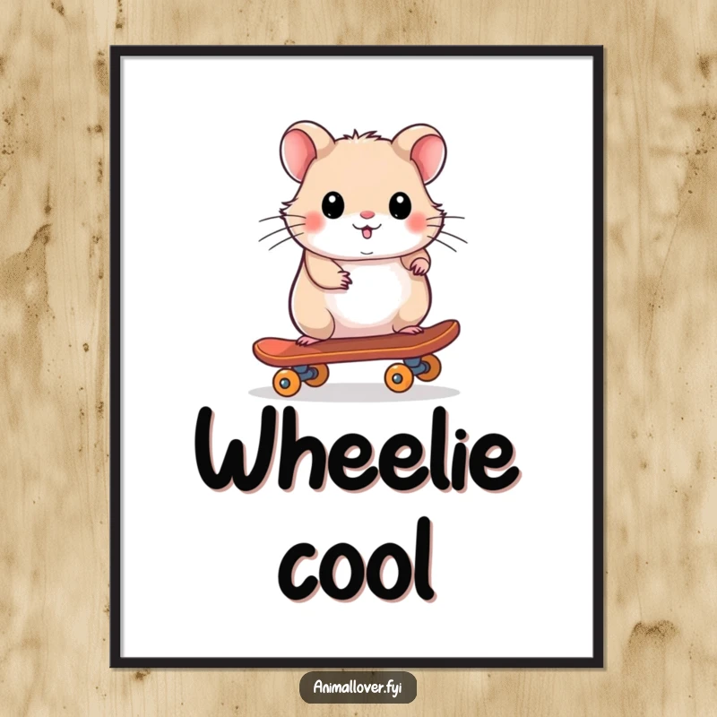 Funny poster art of a playful hamster riding a tiny skateboard with confidence and style, radiating coolness.