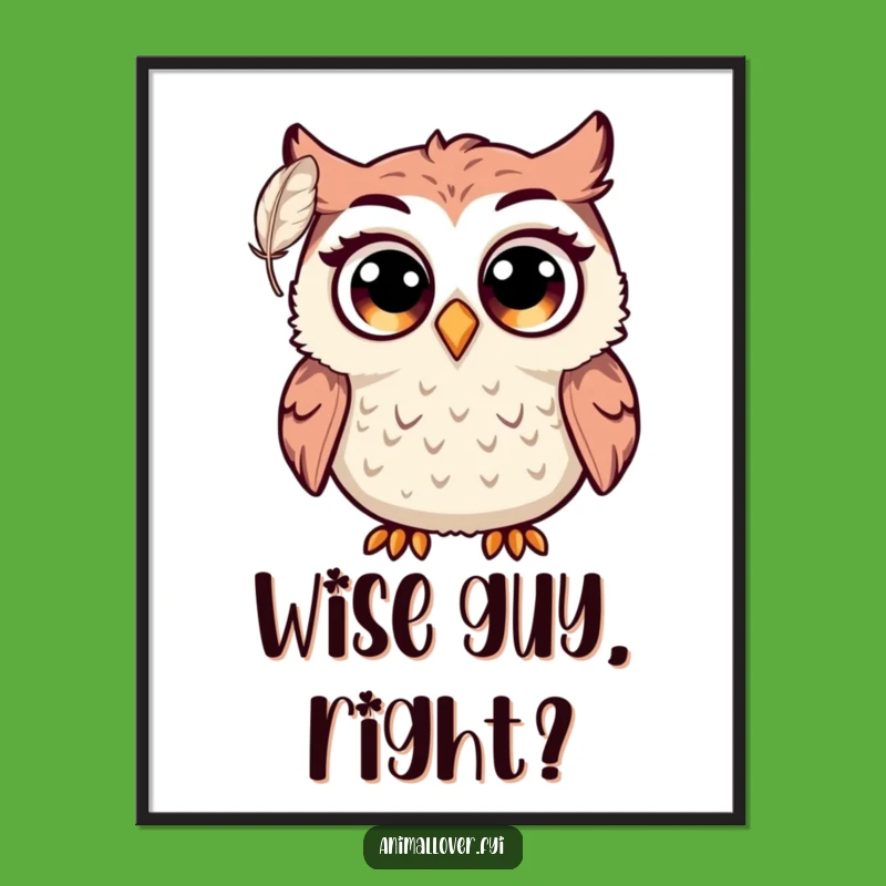Funny Surprised Owl Poster: Big Eyes Startled by Feather, Wall Art Gift