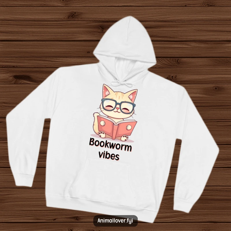 Funny Hoodie: A cat in oversized glasses reads a large book, offering warmth and a touch of scholarly feline charm.