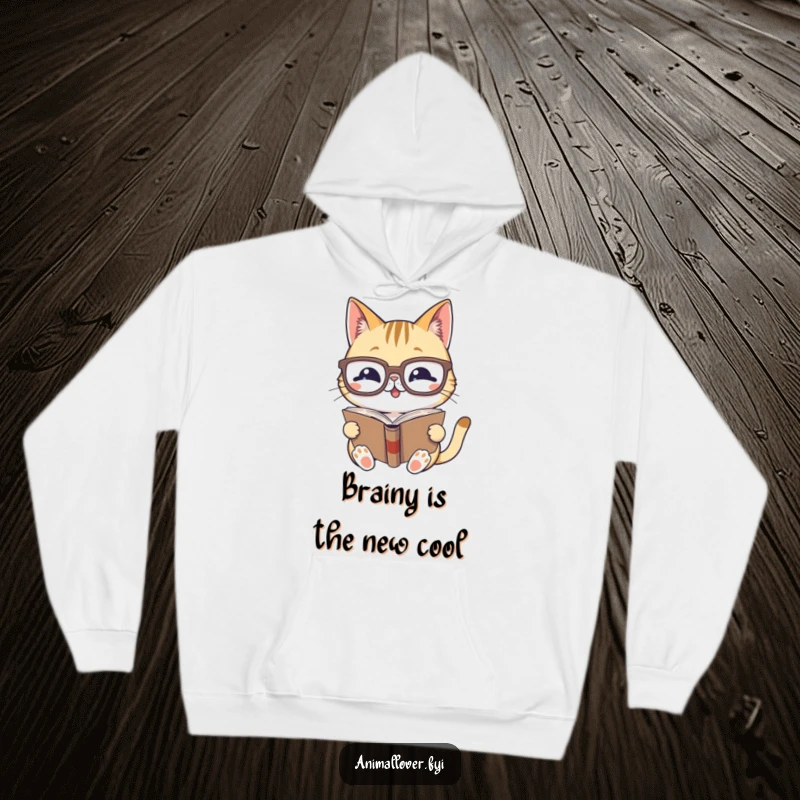 Funny, gleeful cat wearing oversized glasses, deeply engrossed in reading a book, featured on a warm hoodie.
