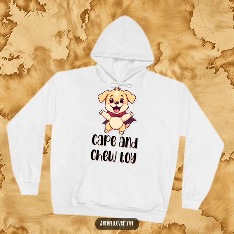 Funny puppy with a determined look, wearing a superhero cape on a warm hoodie, a great funny gift.