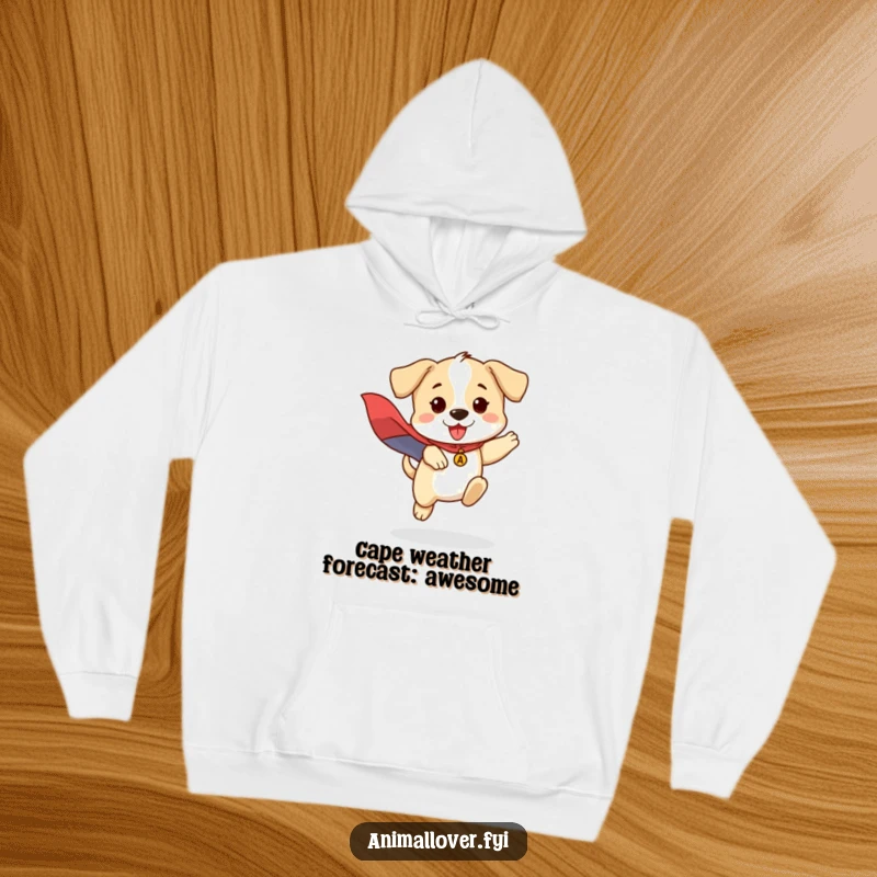Funny hoodie design of a brave puppy wearing a superhero cape, jumping enthusiastically, spreading joy.
